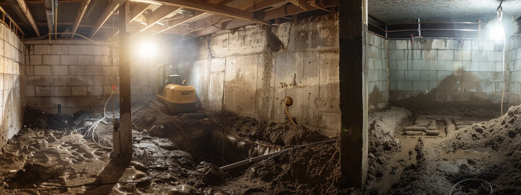 a brightly lit basement showcases a professional waterproofing process, featuring exposed concrete walls and a contractor expertly sealing cracks with hydraulic cement while another installs a french drain, ensuring effective drainage away from the home.