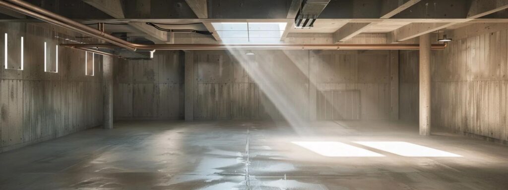 a brightly lit basement showcasing advanced waterproofing technology, with sturdy walls, clean surfaces, and visible moisture control systems, emphasizing effective mold prevention strategies.