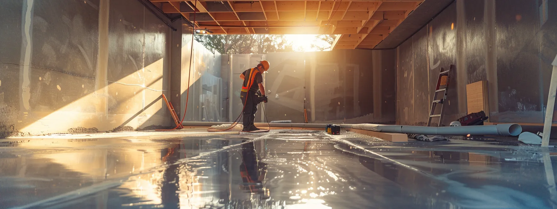 a brightly lit residential basement showcases a professional contractor applying waterproofing membranes to the exposed concrete walls while another expertly installs a french drain, highlighting a pristine and thorough waterproofing process.
