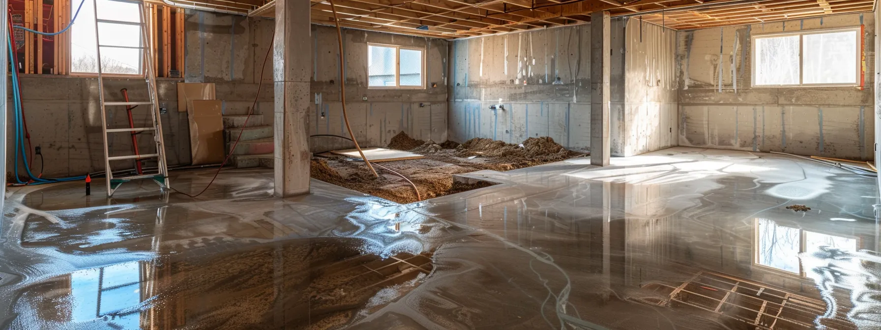 a vibrant and well-lit basement showcases the meticulous waterproofing process, featuring exposed concrete walls with newly applied membranes, a contractor expertly sealing cracks with hydraulic cement, and a sump pump awaiting installation in a clean, professional environment.