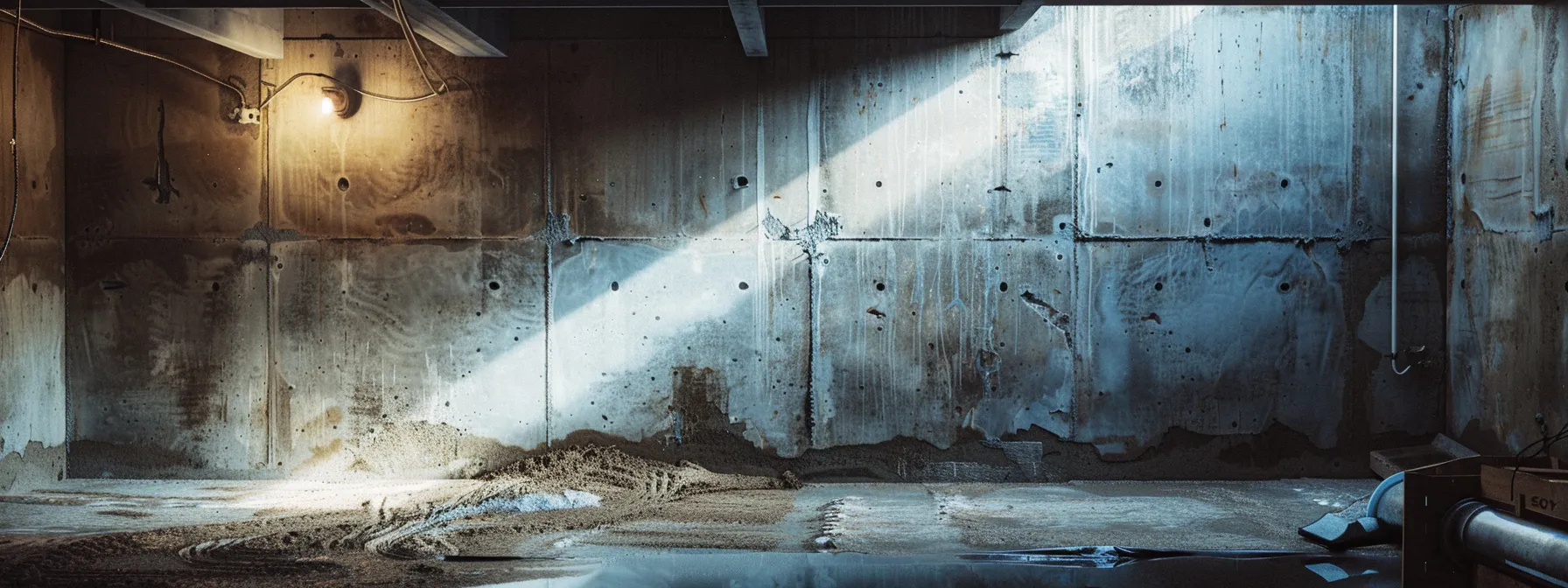 a well-lit residential basement showcases a contractor expertly sealing cracks with hydraulic cement while waterproofing membranes are applied to the exposed concrete walls, highlighting the critical process of preventing water intrusion.