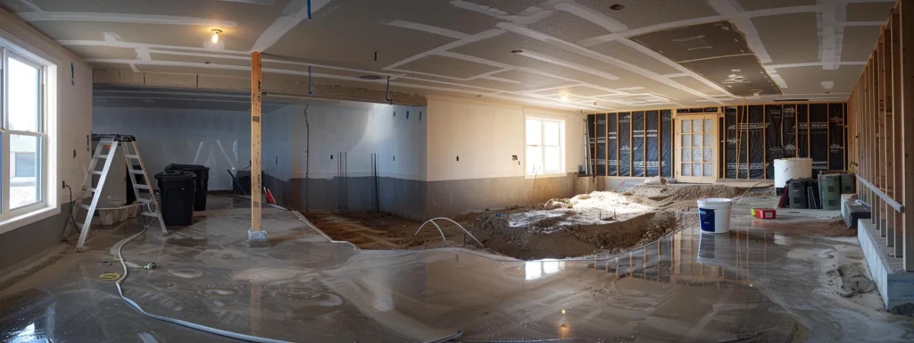a well-lit residential basement showcases the waterproofing process, featuring exposed concrete walls and floors, as a contractor skillfully applies waterproofing membranes while another installs a french drain, with a sump pump positioned ready for installation.