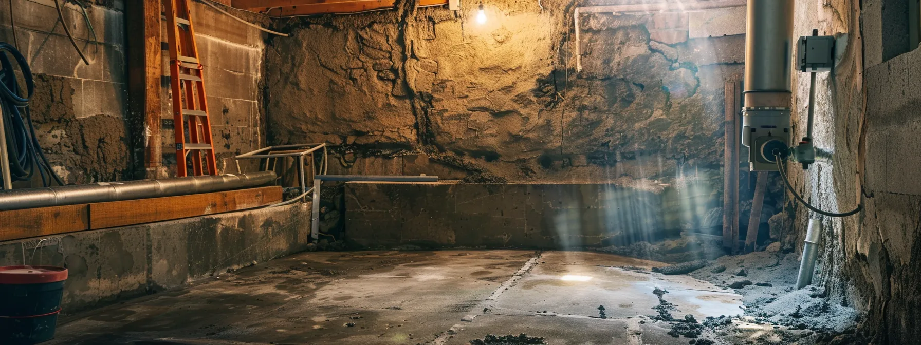a well-lit basement showcases the waterproofing process, featuring exposed concrete walls as a contractor expertly seals cracks with hydraulic cement while another installs a french drain, highlighting the importance of regular maintenance for a dry foundation.