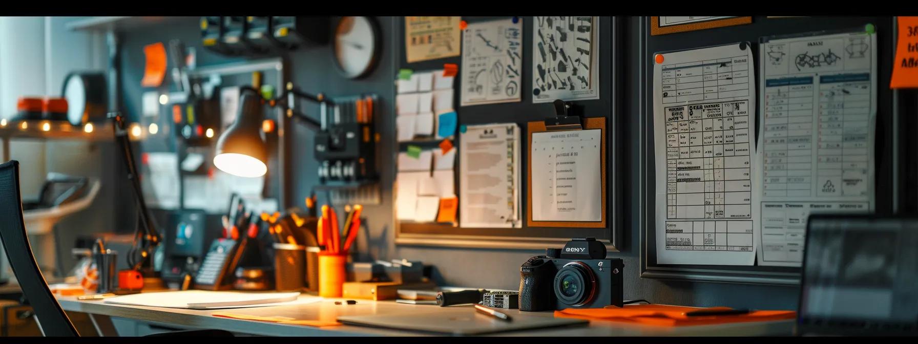 a modern office environment featuring a detailed waterproofing maintenance checklist pinned to a sleek bulletin board, with tools and inspection equipment neatly arranged on a polished desk, symbolizing proactive strategies for cost-effective waterproofing solutions.