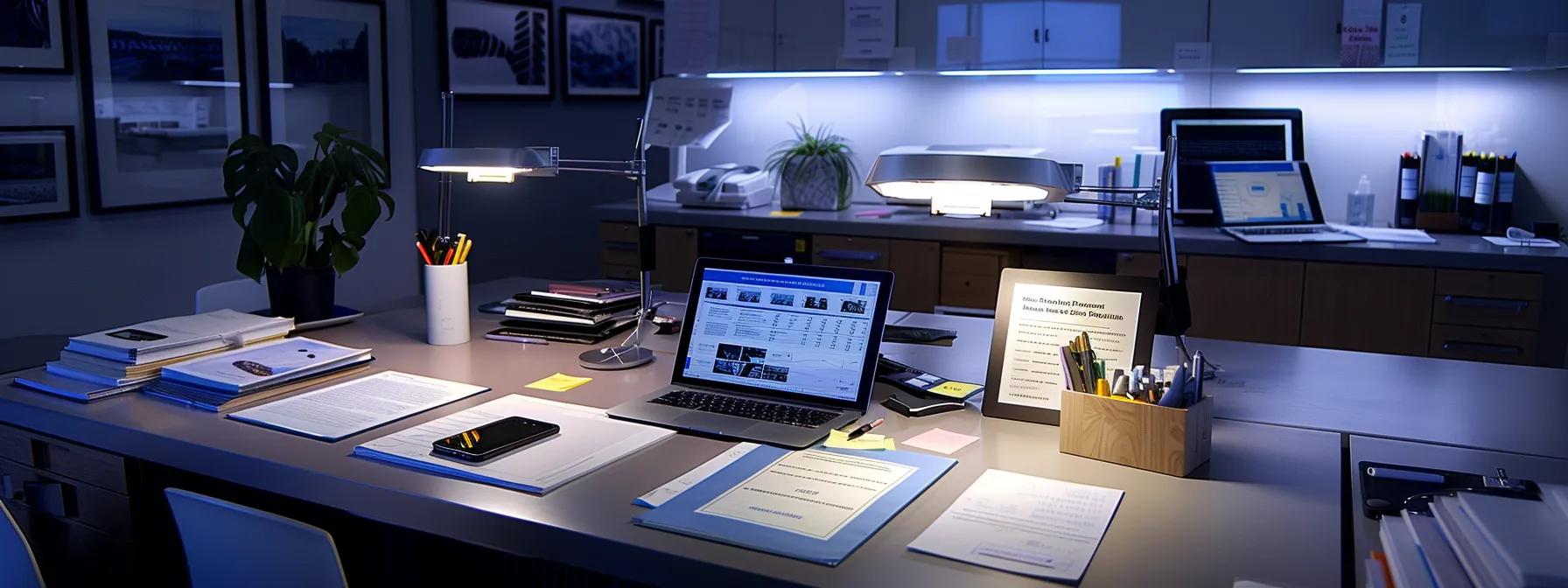 a modern office workspace featuring a well-organized financial planning desk with a digital tablet displaying cost-effective waterproofing project options, surrounded by informational brochures and a sleek laptop, all illuminated by bright, focused overhead lighting.