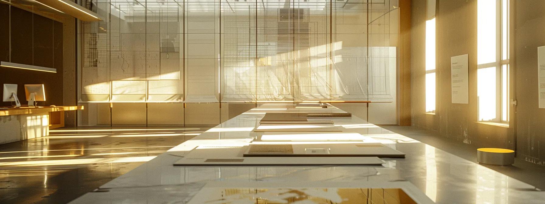 a modern office workspace showcases sleek samples of waterproofing materials, including various membranes and sealants, displayed prominently on a polished conference table, illuminated by bright overhead lighting and accompanied by informative charts on performance and cost-effectiveness.