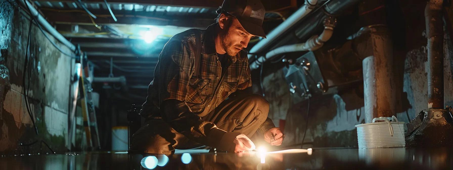 a professional contractor examines a damp basement with visible water stains and mold, illuminated by bright overhead lights, highlighting the need for waterproofing services.