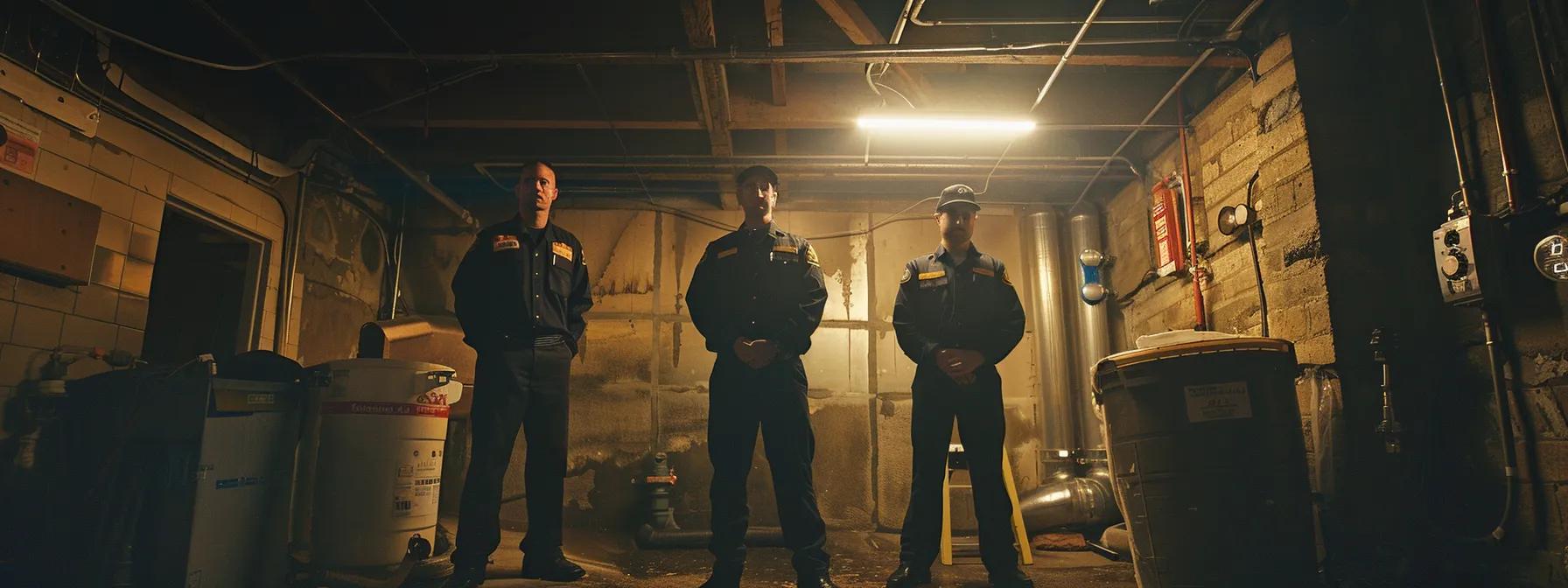 a professional service team in crisp uniforms stands confidently in a dimly lit basement, surrounded by advanced waterproofing equipment and materials, showcasing their expertise and commitment to quality in basement waterproofing solutions.