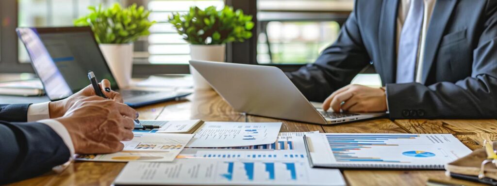 a sleek, modern office setting showcases a confident consultant engaging with a client over waterproofing service options, with documents, laptops, and visual aids prominently displayed to emphasize professionalism and value.