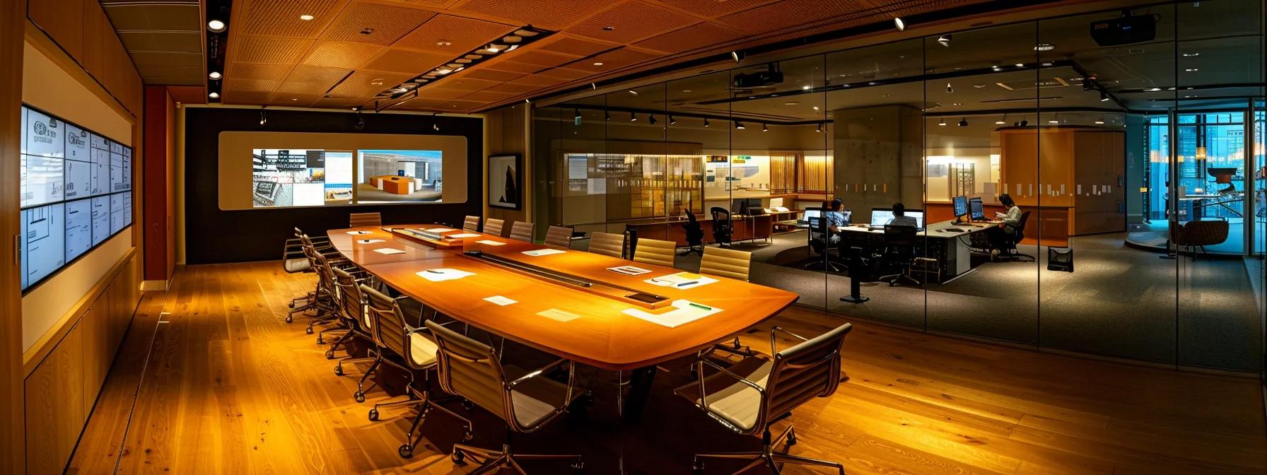 a well-organized and modern office meeting room showcases a group of professionals engaged in a dynamic discussion, analyzing plans and cost-effective waterproofing techniques, with detailed diagrams and charts elegantly displayed on a sleek conference table.