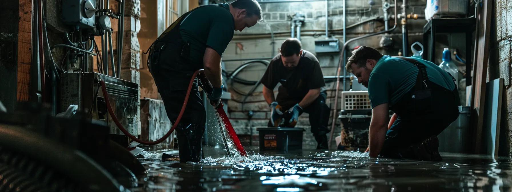 a professional water damage restoration team efficiently extracts water from a dimly lit, flooded basement in providence, highlighting the urgency and precision required to combat severe water damage.