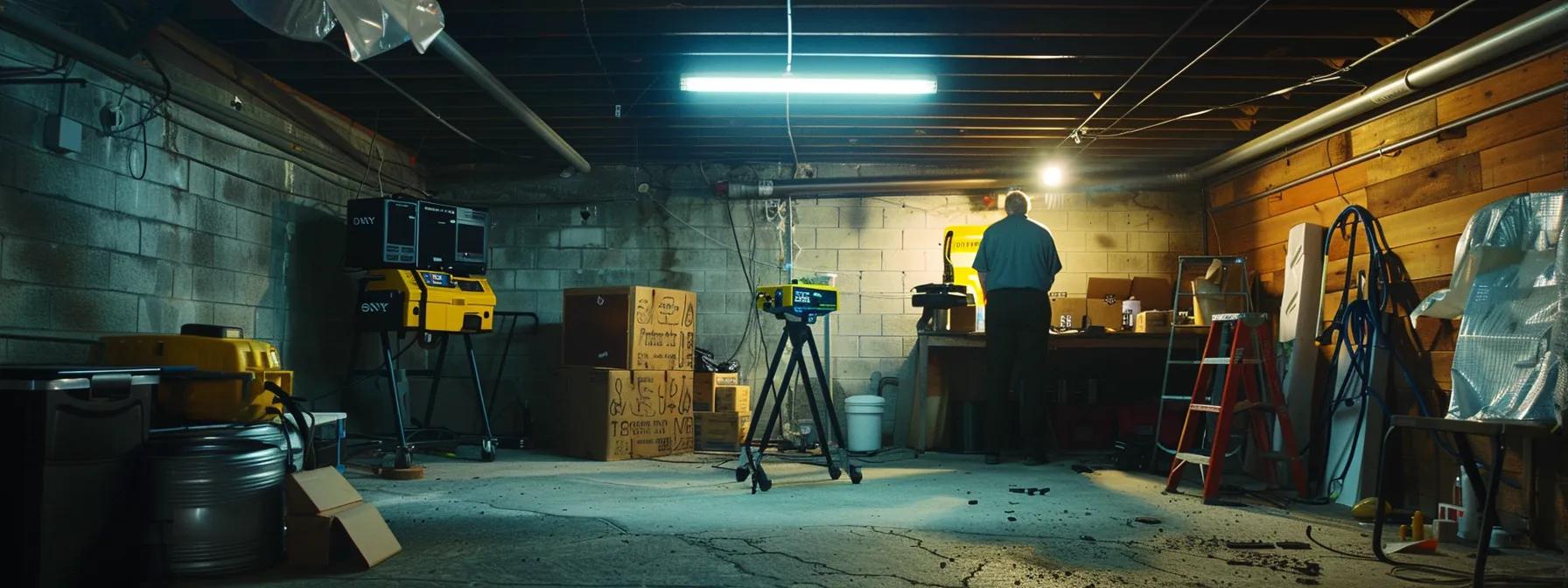a well-lit, industrial basement workspace displays professionals conducting a thorough mold assessment with high-tech moisture meters and air sampling equipment, highlighting the importance of proactive mold remediation in a clean, structured environment.