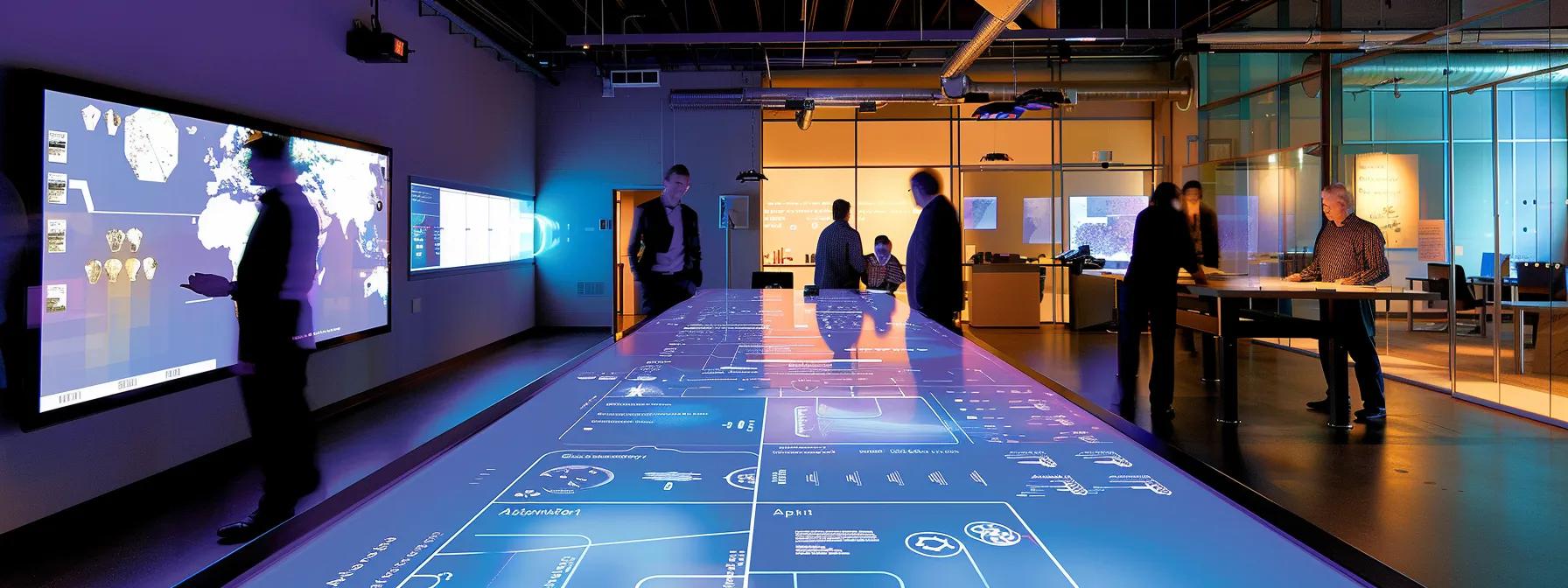 a sleek, modern office environment featuring a detailed infographic on the key factors influencing waterproofing costs, with professionals engaged in a focused discussion around a large table, illuminated by bright, focused overhead lighting.