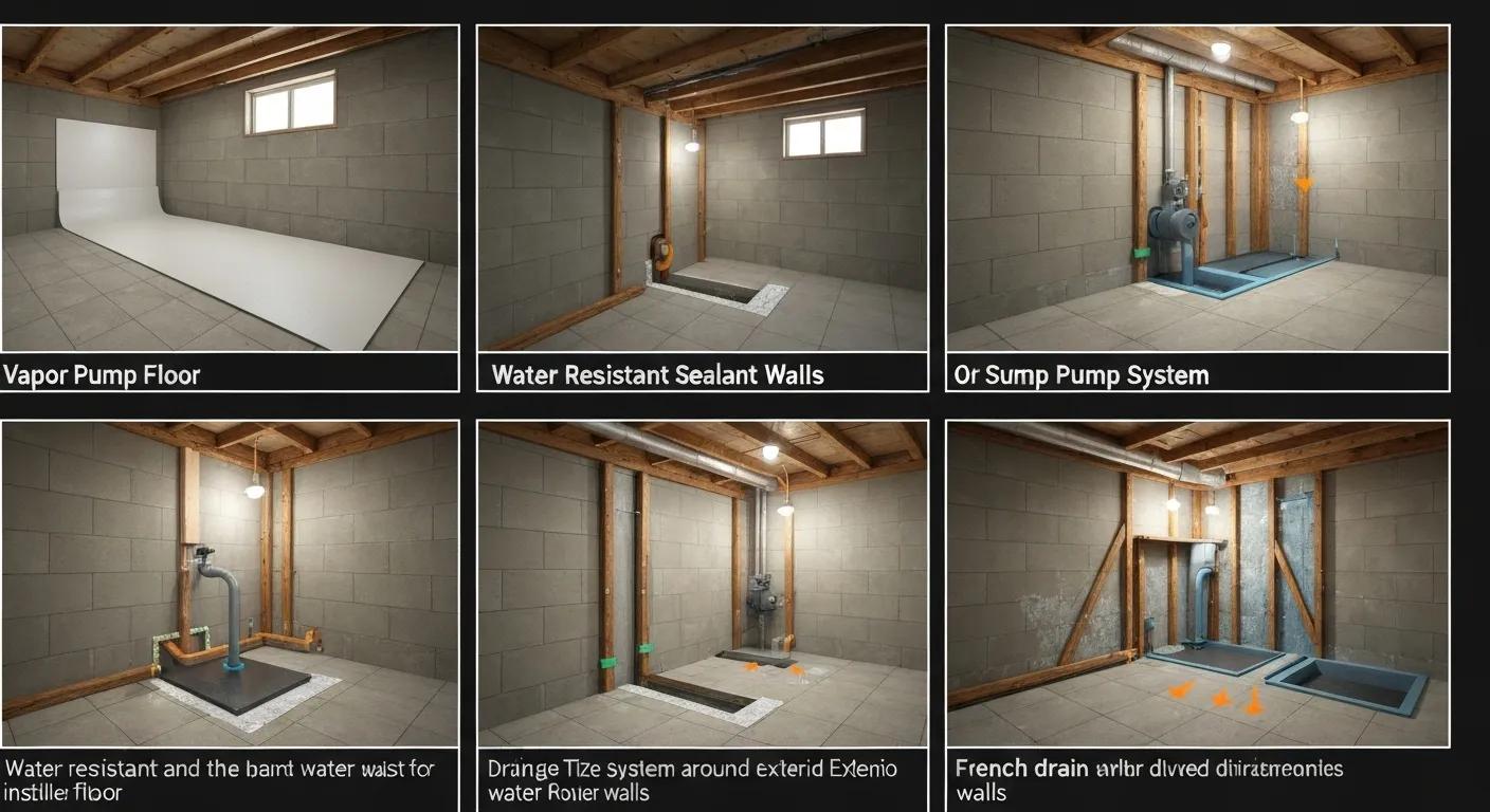 Visual representation of various basement waterproofing methods and their applications