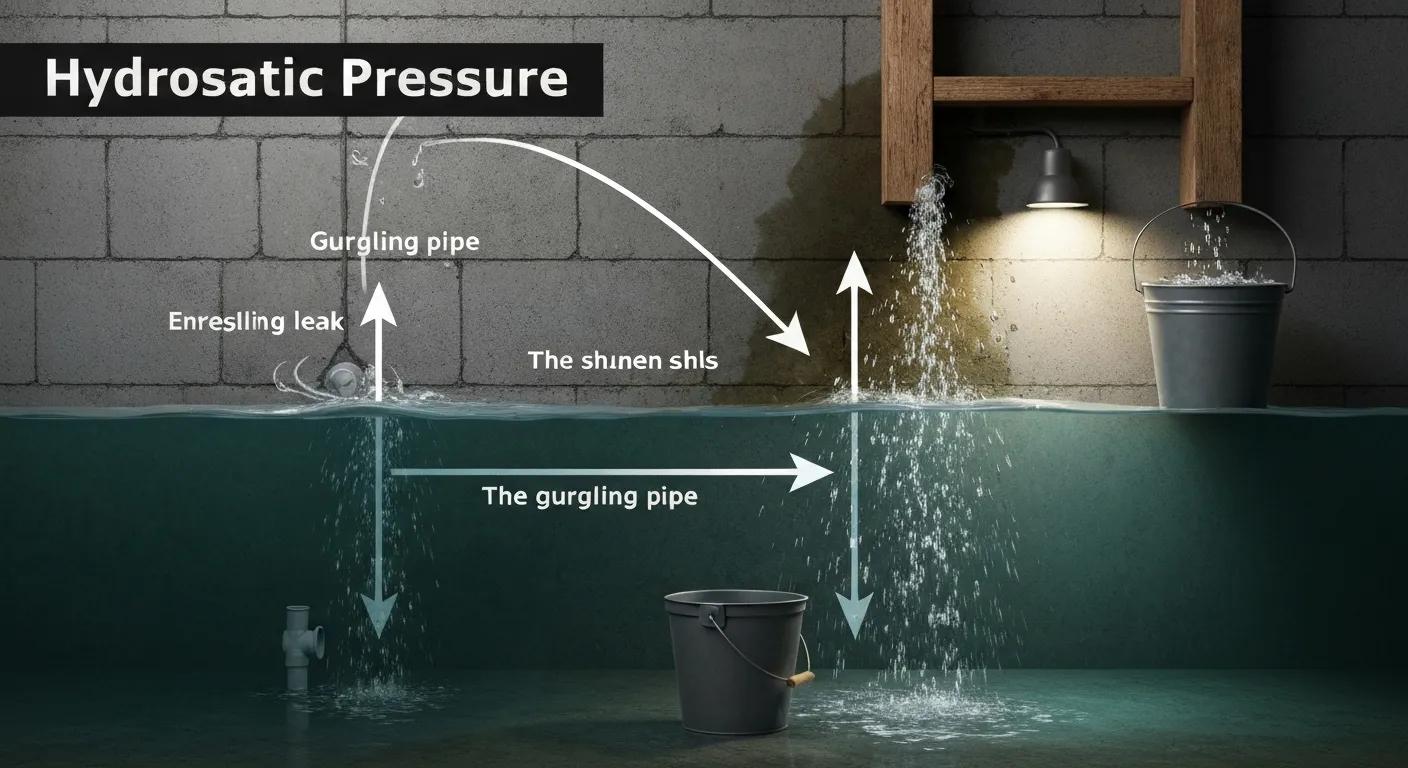 Illustration showing the effects of hydrostatic pressure on basement walls and potential leak points