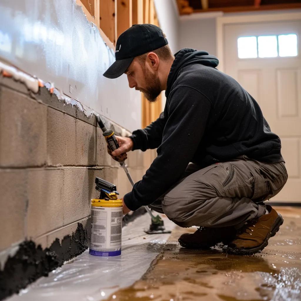 Professional basement sealing process with technician applying sealant in a residential basement