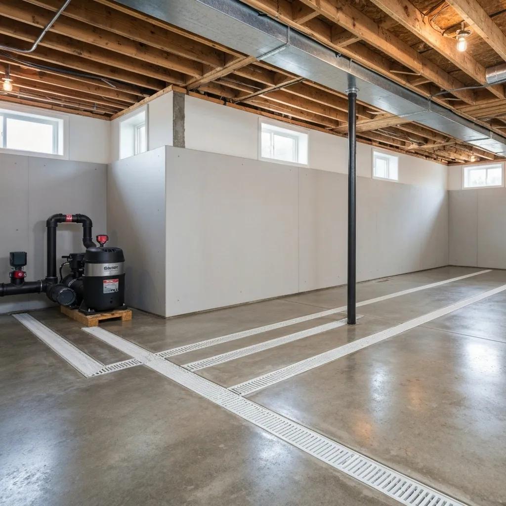 Sleek, modern basement waterproofing setup showcasing a pristine, dry space with visible waterproofing materials