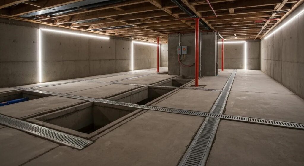 Advanced basement waterproofing system featuring a sump pump and interior drainage channels