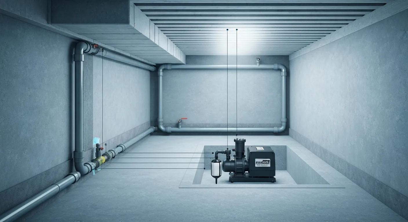 Cutaway view of an interior basement waterproofing system with a French drain and sump pump