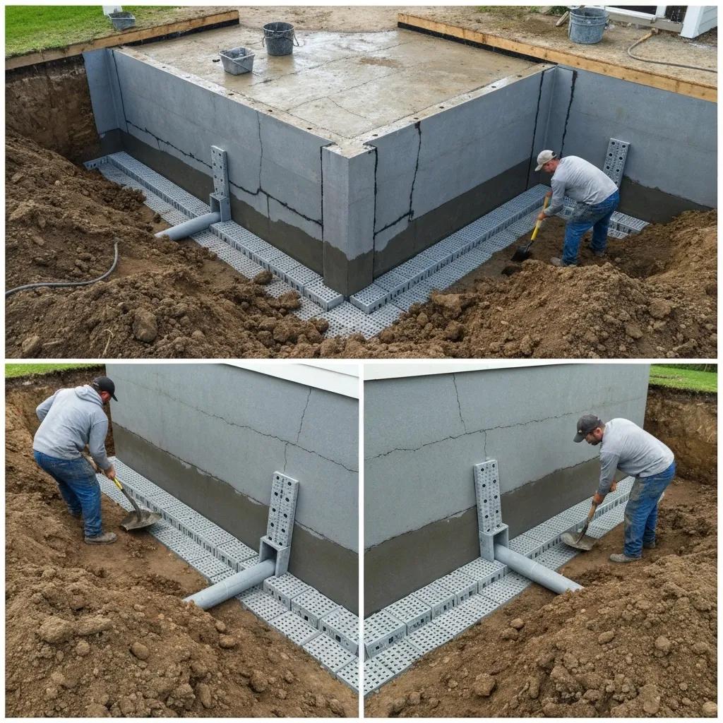 Exterior basement waterproofing methods including membrane application and drainage system installation
