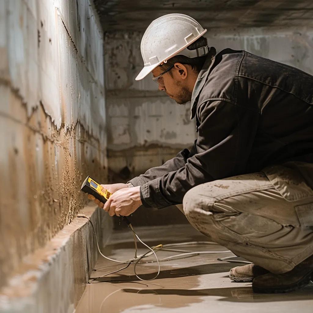 Professional technician inspecting a damp basement for waterproofing solutions
