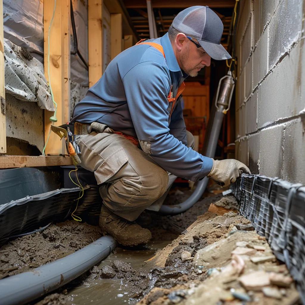 DRI technician fitting an interior French drain during a basement waterproofing installation
